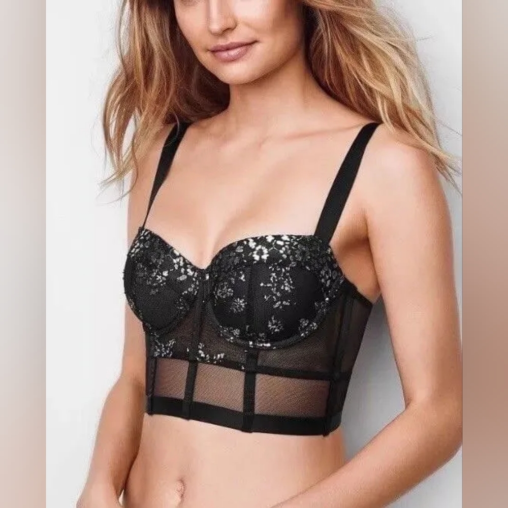 Victoria’s Secret Very Sexy Shine Lace Long Line Balconet Bra Black Pearl 32C
